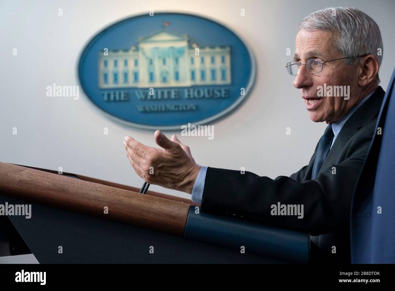 Dr. Anthony Fauci, Director of the National Institute of Allergy and Infectious Diseases, delivers remarks at the White House Coronavirus Task Force briefing in the Press Briefing Room of the White House March 16, 2020 in Washington, DC. Stock Photo