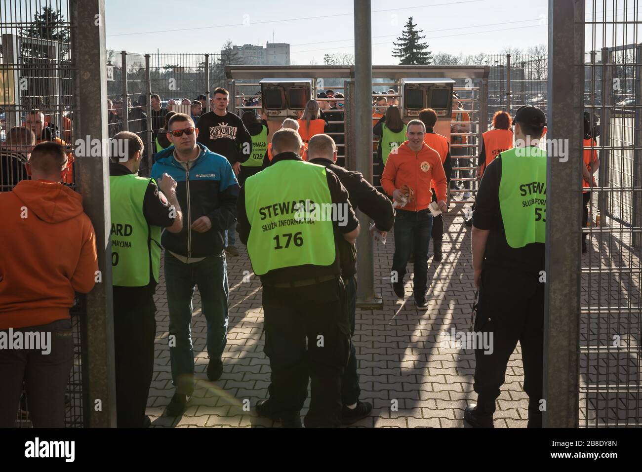 LUBIN, POLAND - FEBRUARY 17, 2019: Match Polish Lotto Ekstraklasa between KGHM Zaglebie Lubin - Miedz Legnica. Security searches supporters at the ent Stock Photo