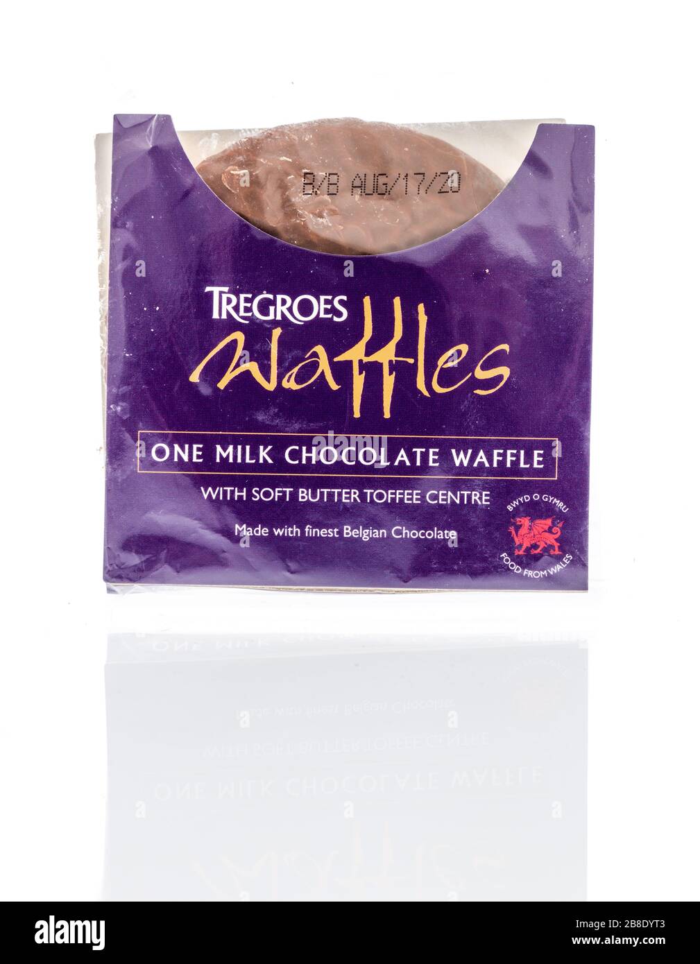 Winneconne,  WI - 17 March 2020:  A package of Tregroes waffles chocolate covered on an isolated background. Stock Photo