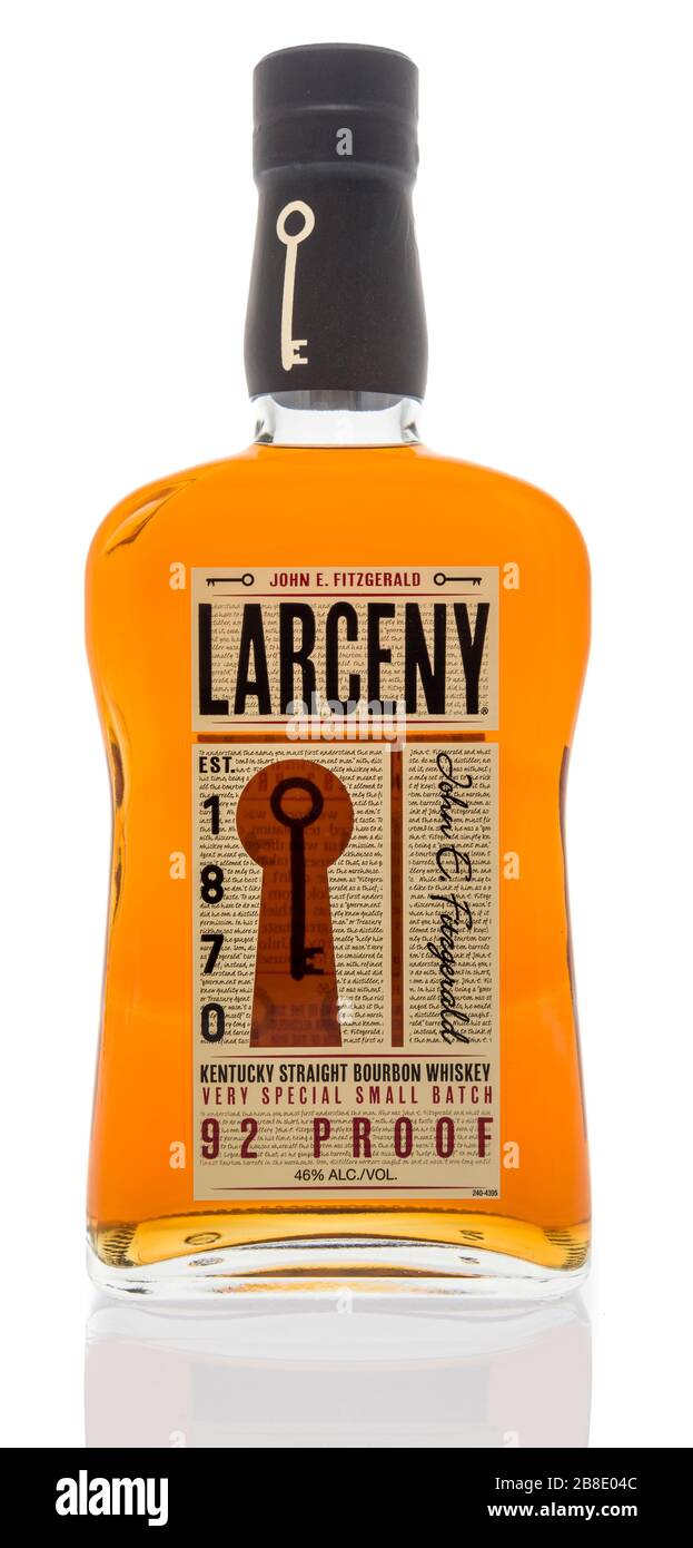 Winneconne,  WI - 20 March 2020:  A bottle of Larceny Kentucky straight bourbon whisky on an isolated background. Stock Photo