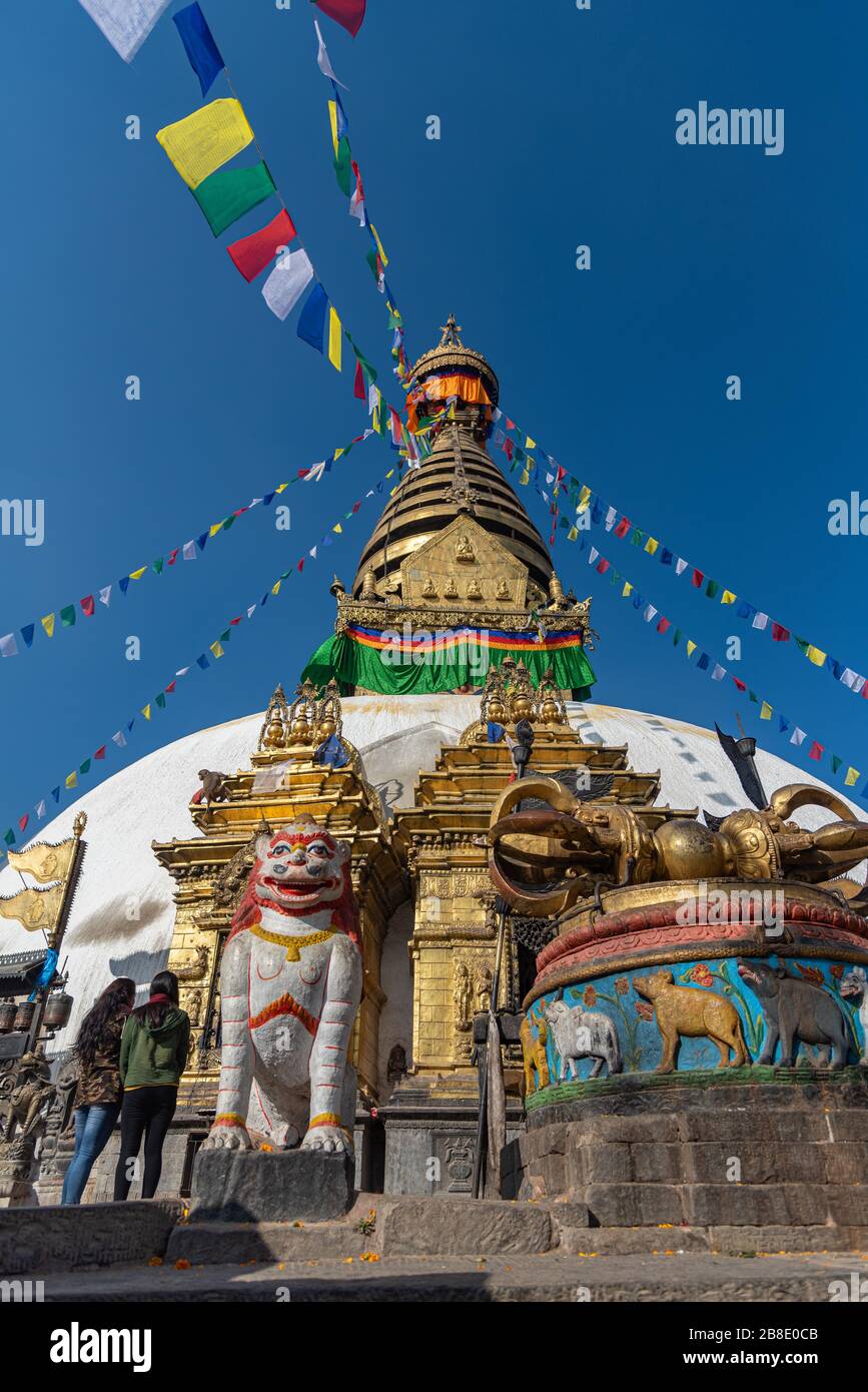 Magnificent view of Swayambhunath aka Swayambhu during sunny day in Kathmandu Valley Nepal Stock Photo