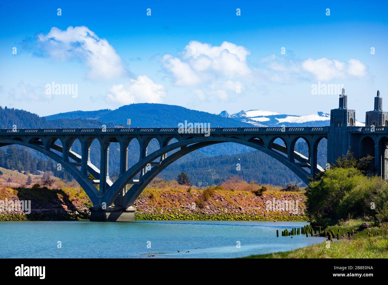 Close-up Rogue River or the Isaac Lee Patterson Memorial Bridge in Curry County, Oregon Stock Photo