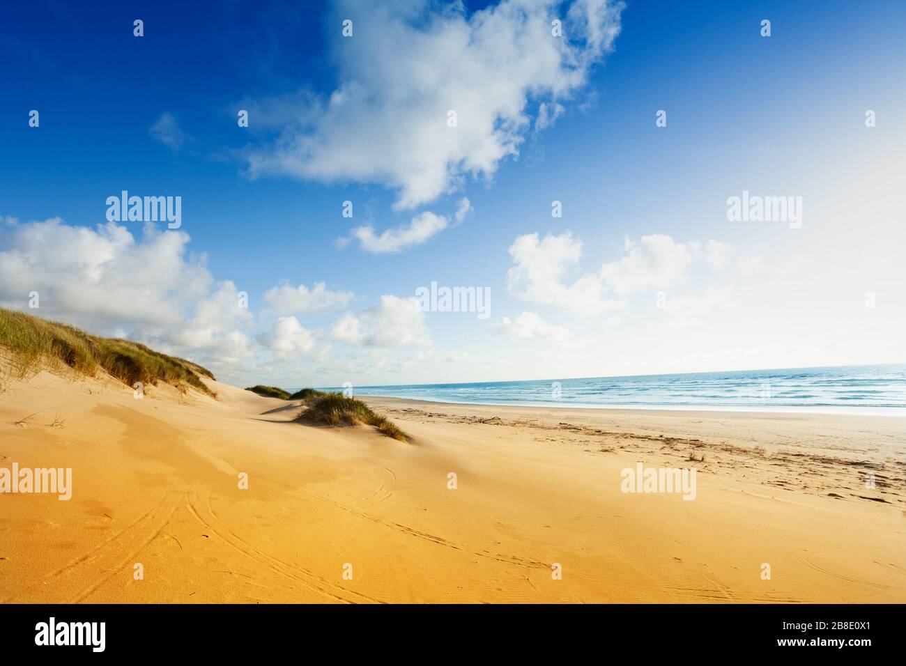 Sand dunes on California west coast beach on sunny day with small clouds Stock Photo