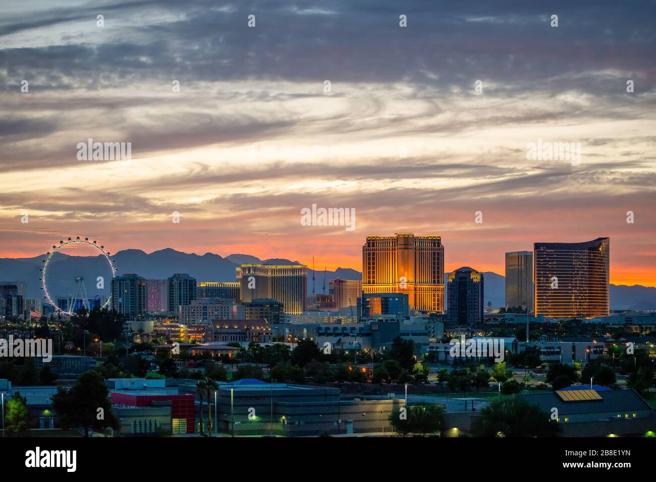 USA, Nevada, Clark County, Las Vegas. A scenic view of the famous Vegas skyline of casinos, hotels, and ferris wheel on the strip. Stock Photo