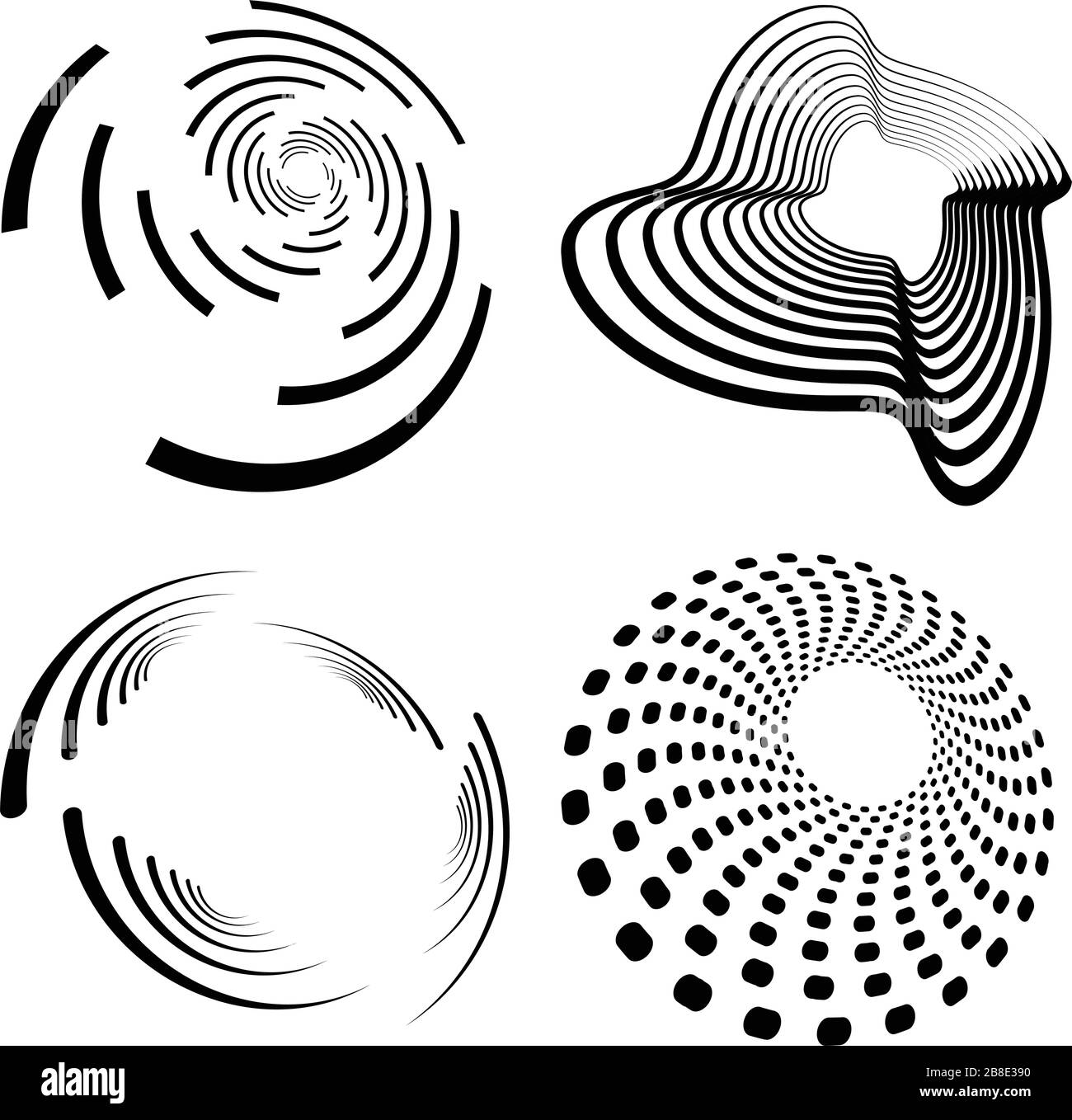 Set of black and white vortex, volute shapes. Twisted helix elements ...