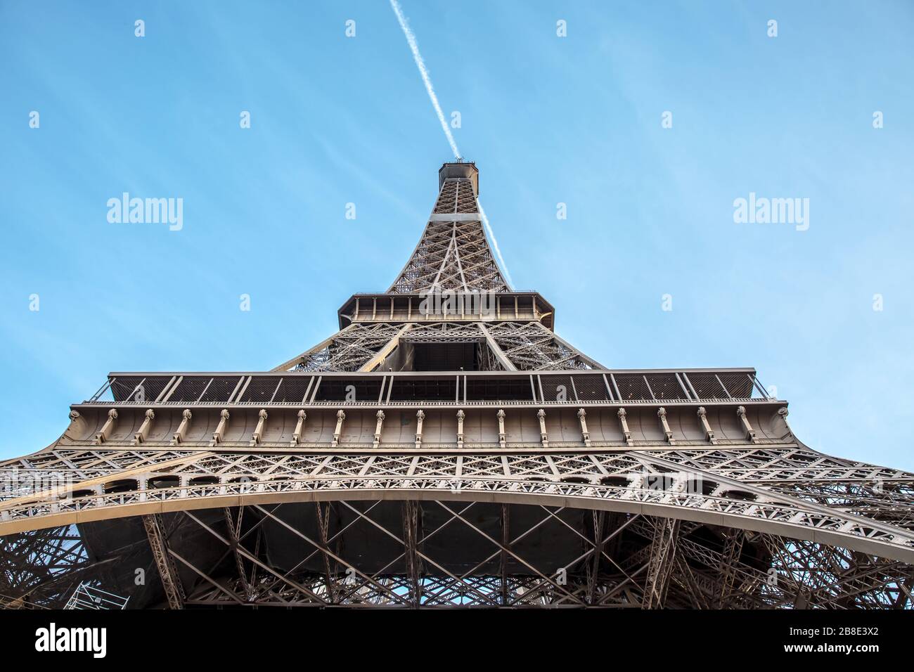 Vew of the Eiffel Tower from below . Paris, France . Stock Photo