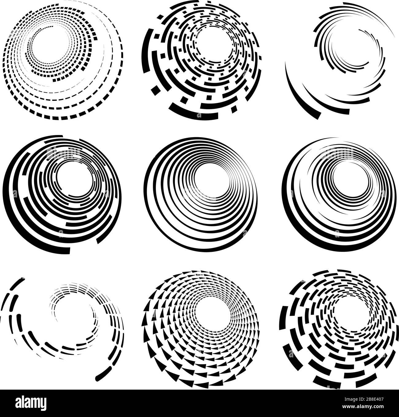 Set of black and white vortex, volute shapes. Twisted helix elements ...