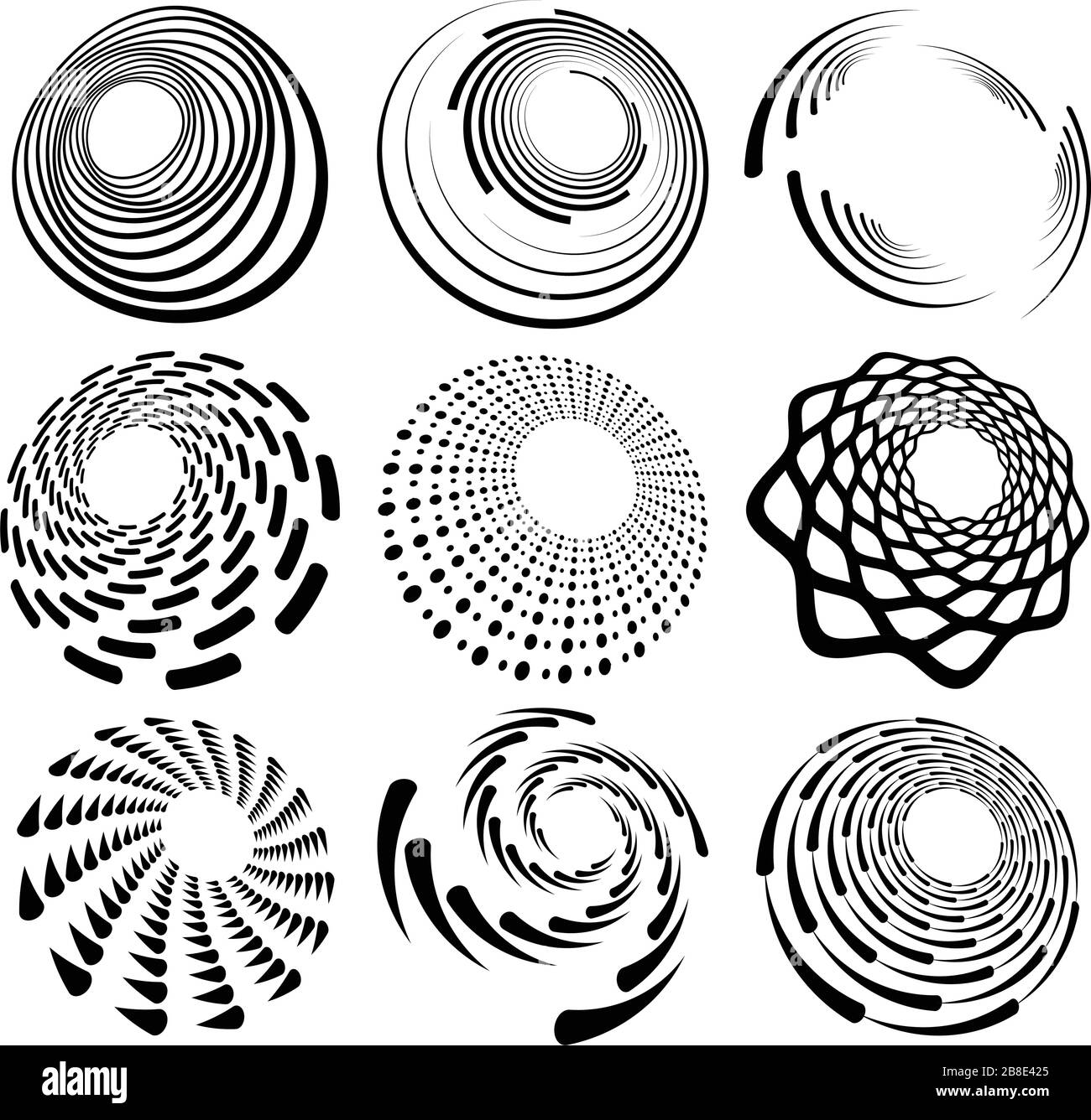 Set of black and white vortex, volute shapes. Twisted helix elements ...