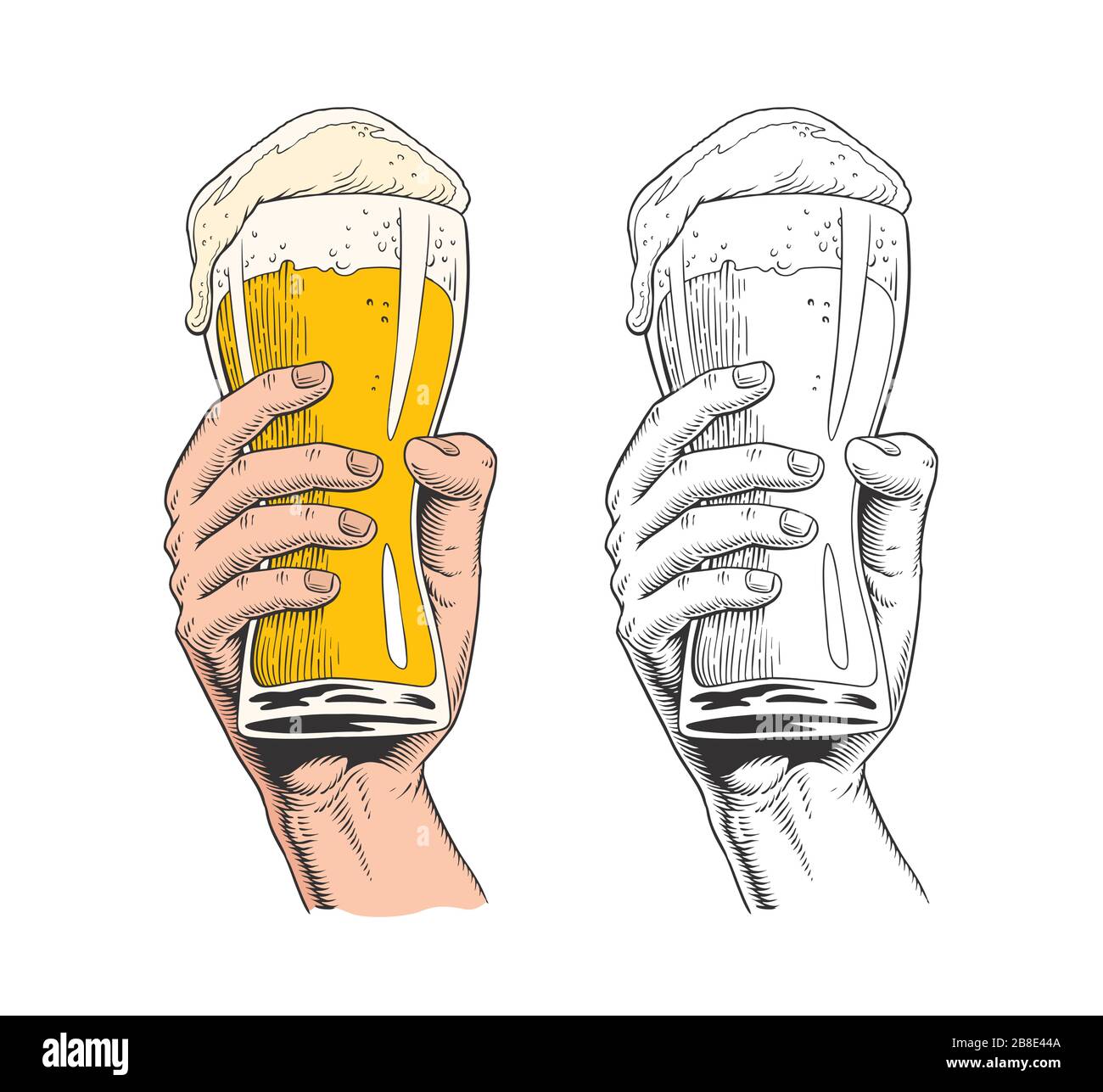 Hand holding a beer glass or pint. Vintage engraving style vector illustration. Stock Vector
