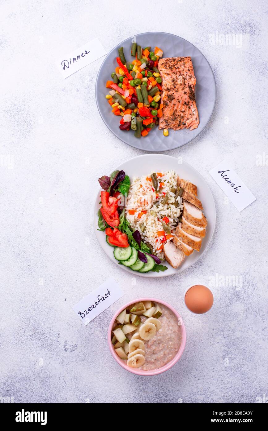Breakfast, lunch and dinner. Day menu Stock Photo - Alamy