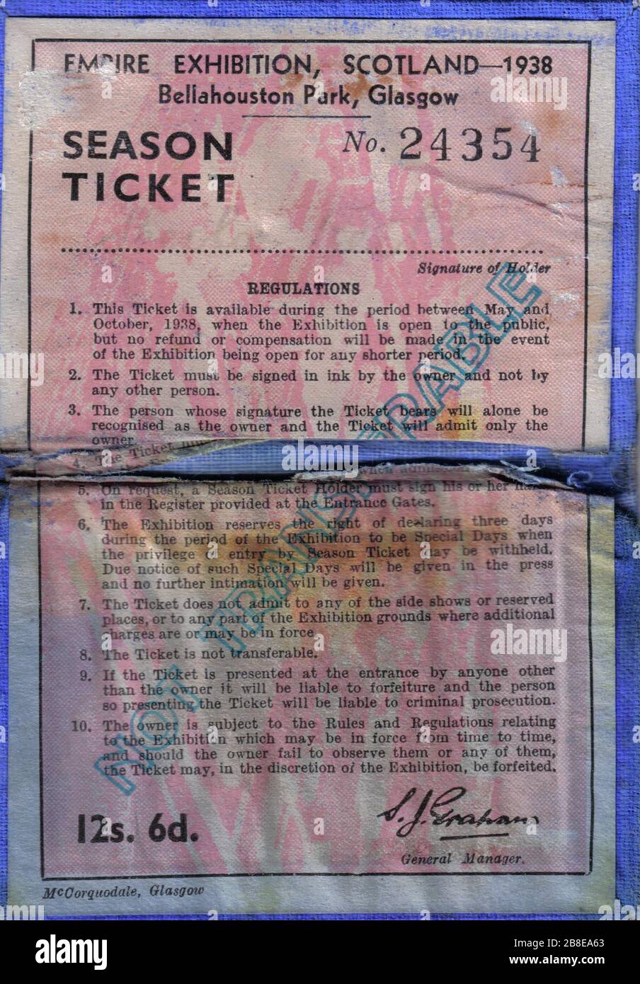 English: A 1938 Empire Exhibition Season Ticket. Glasgow - Bellahouston  Park, Scotland.Rosser 13:28, 14 August 2007 (UTC); 14 August 2007 (original  upload date); Own workTransferred from en.wikipedia; Rosser1954 at en. wikipedia Stock Photo - Alamy