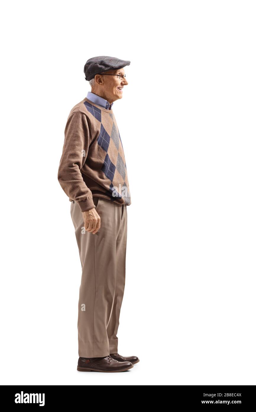 Full length profile shot of a senior man standing isolated on white ...