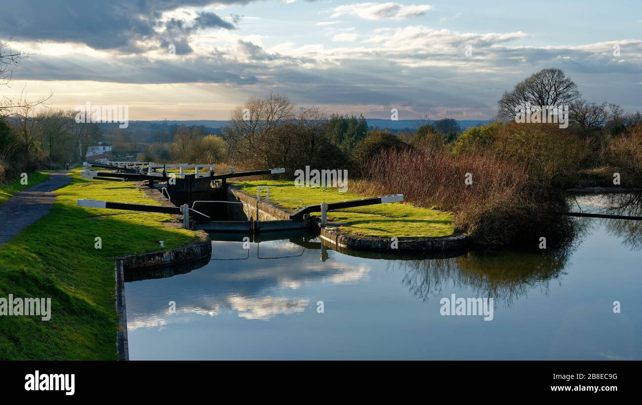 View down Caen Hill Locks on the Kennet & Avon Canal, Devizes, Wiltshire, UK Stock Photo