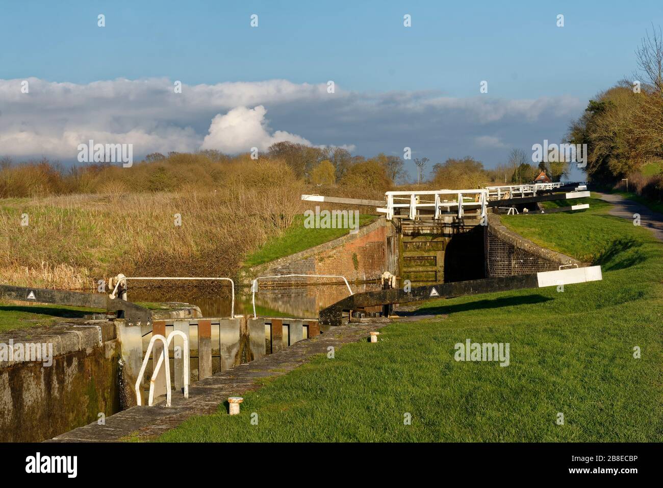 View up Caen Hill Locks on the Kennet & Avon Canal, Devizes, Wiltshire, UK Stock Photo