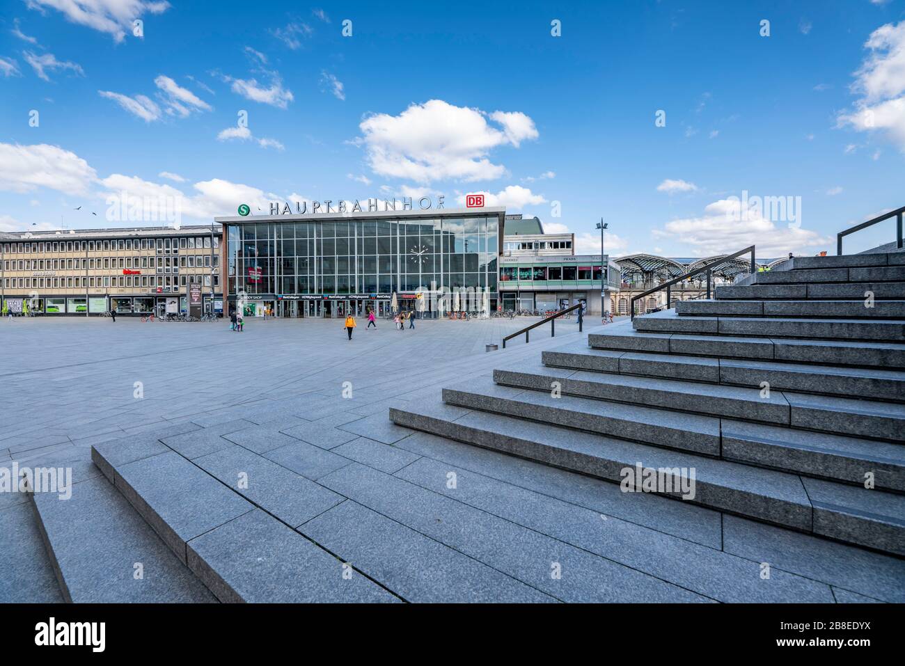 Effects of the coronavirus crisis, empty square in front of the central station, Cologne, Germany, Stock Photo