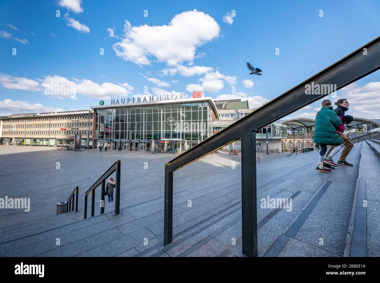 Effects of the coronavirus crisis, empty square in front of the central station, Cologne, Germany, Stock Photo