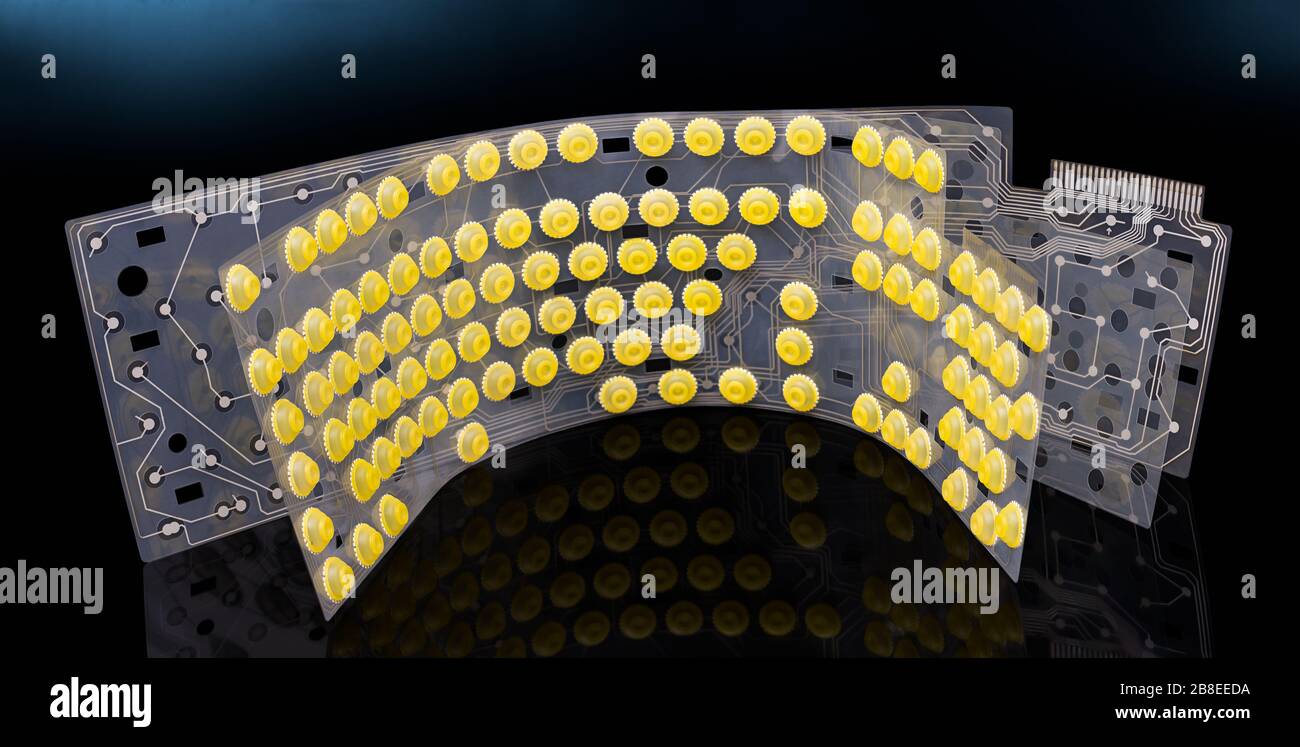 Round yellow buttons and electronic flex circuit board on plastic membranes. Inside of dismantled computer keyboard. Mirroring of rubber dome switches. Stock Photo