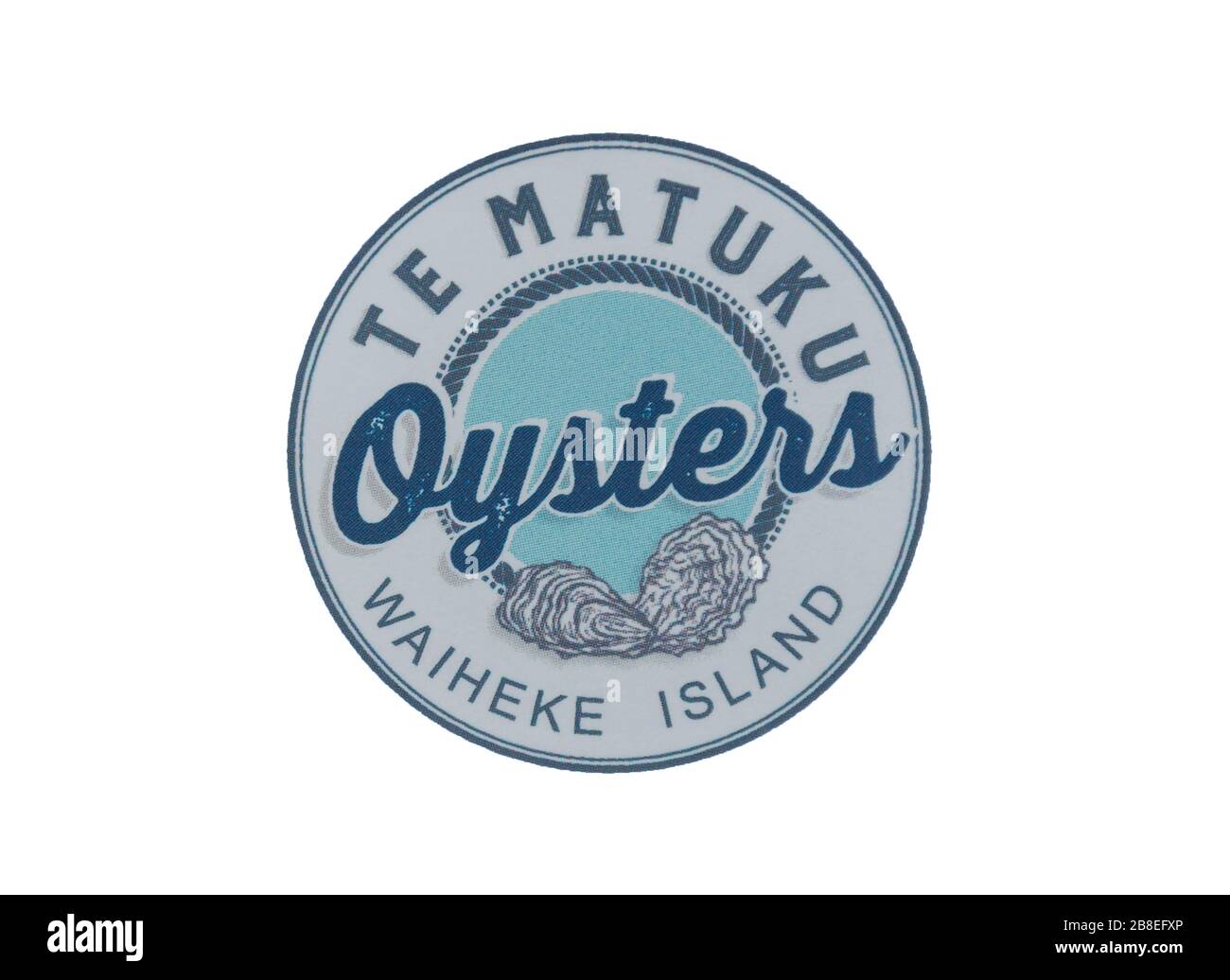 Te Matuku Bay Oysters Seafood Market beer mat, Belgium Street, Ostend, Waiheke Island, Hauraki Gulf, Auckland, New Zealand Stock Photo