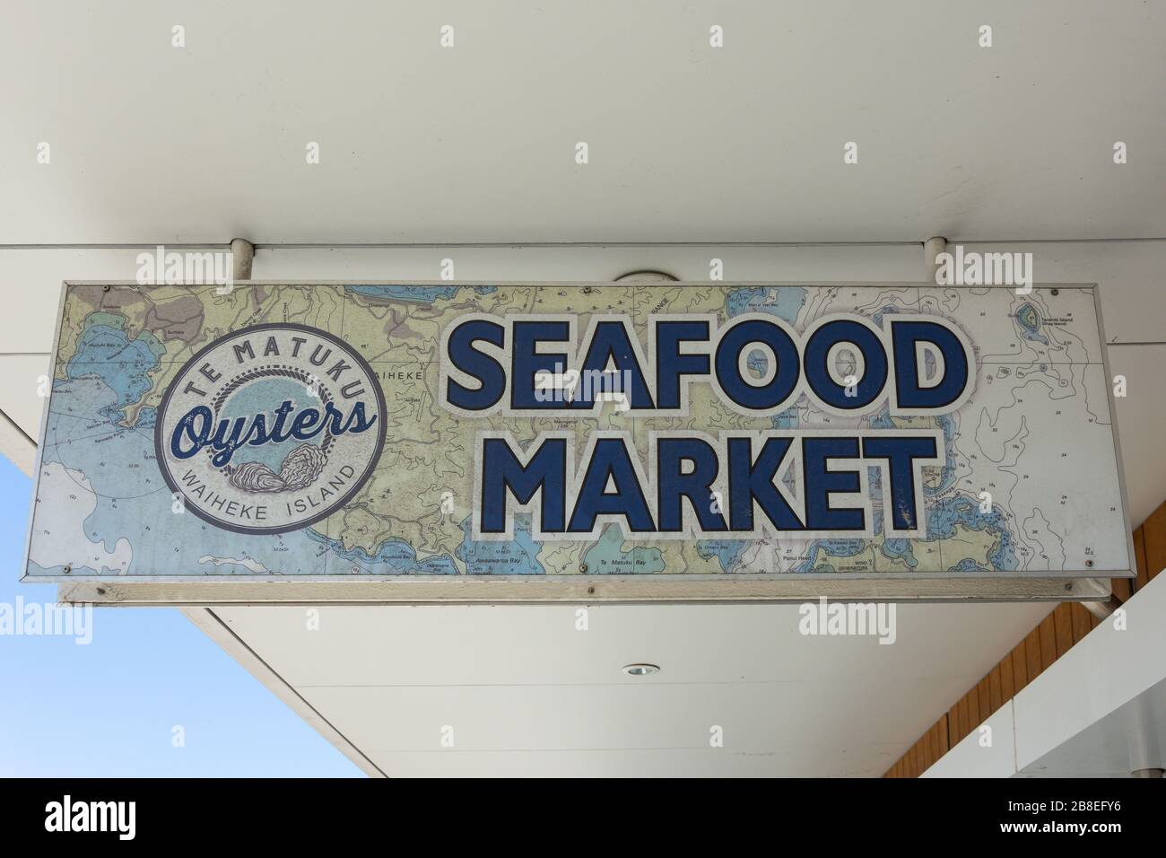 Te Matuku Bay Oysters Seafood Market sign, Belgium Street, Ostend, Waiheke Island, Hauraki Gulf, Auckland, New Zealand Stock Photo