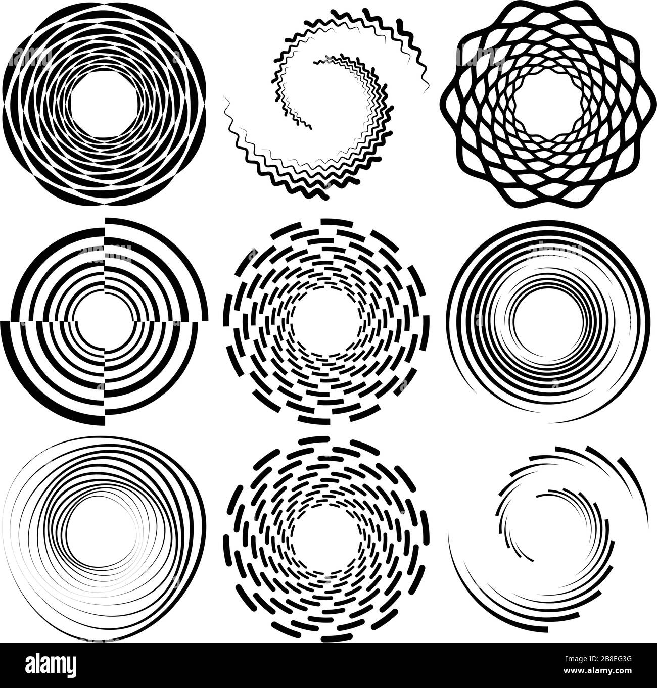 Set of black and white vortex, volute shapes. Twisted helix elements ...