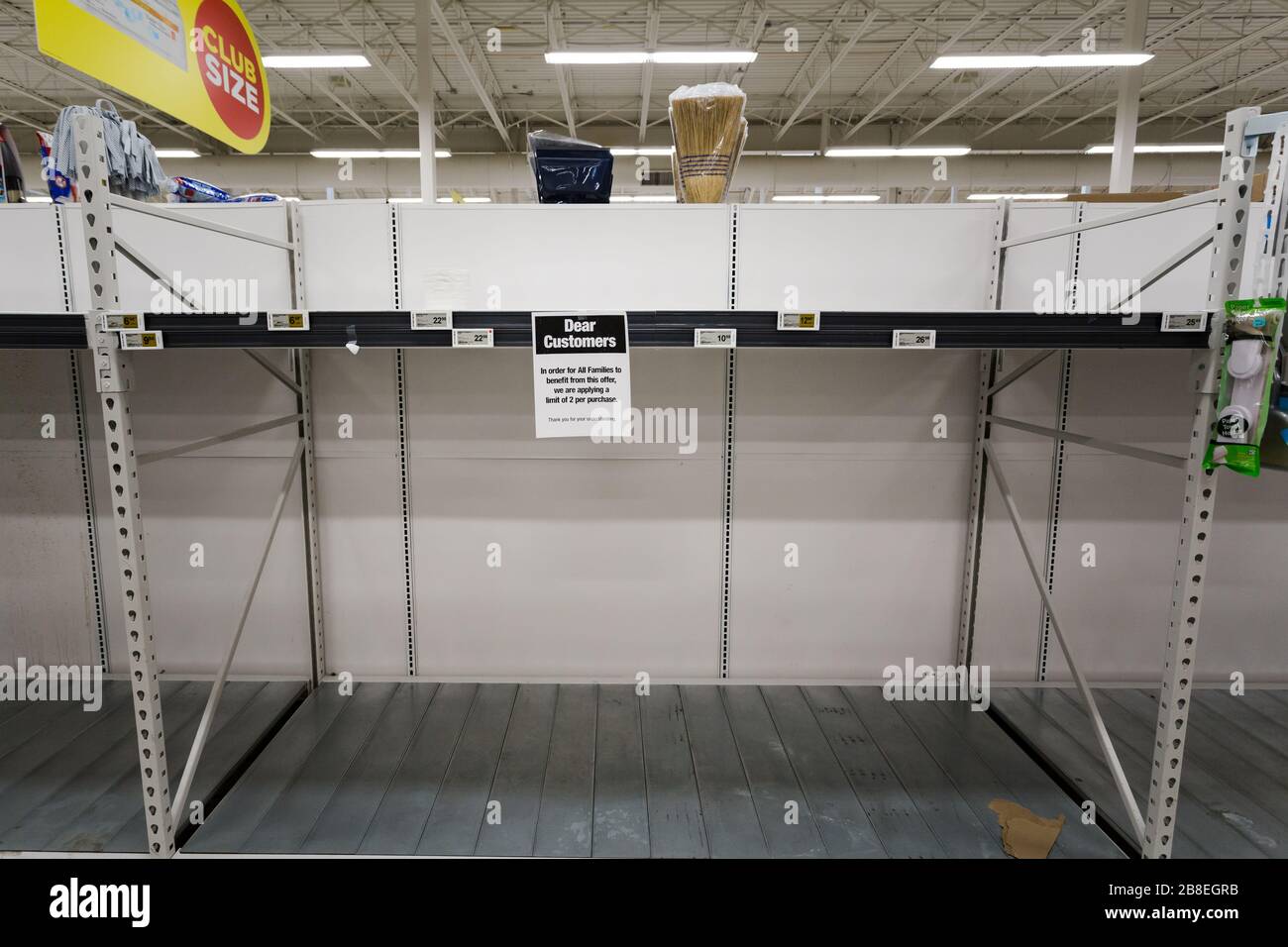 NORTH VANCOUVER, BC, CANADA - MAR 19, 2020: An empty shelf at a supermarket as panic buying grips the world as the virus spreads. Stock Photo