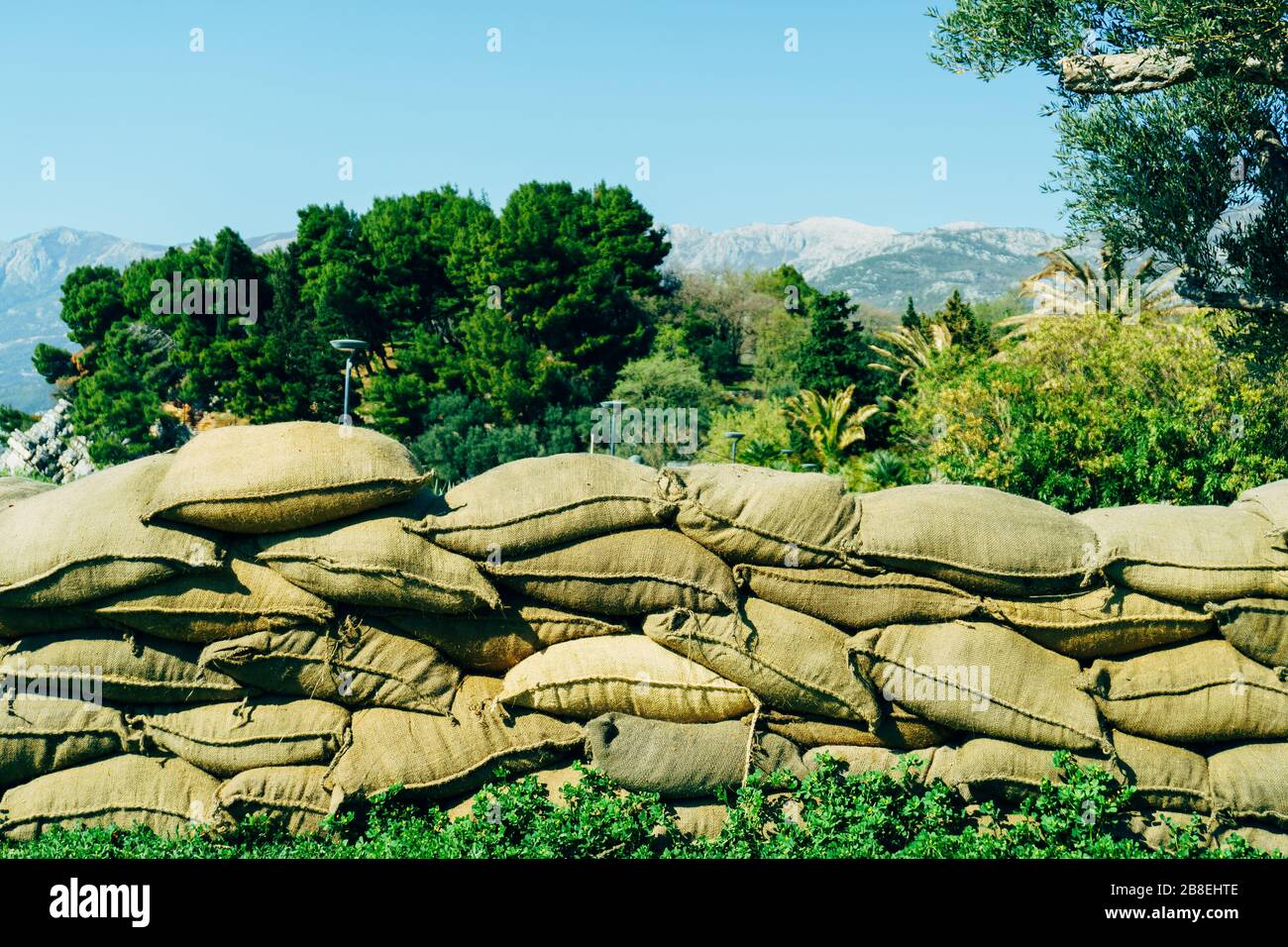 Sandbags in a trench on the front line Stock Photo