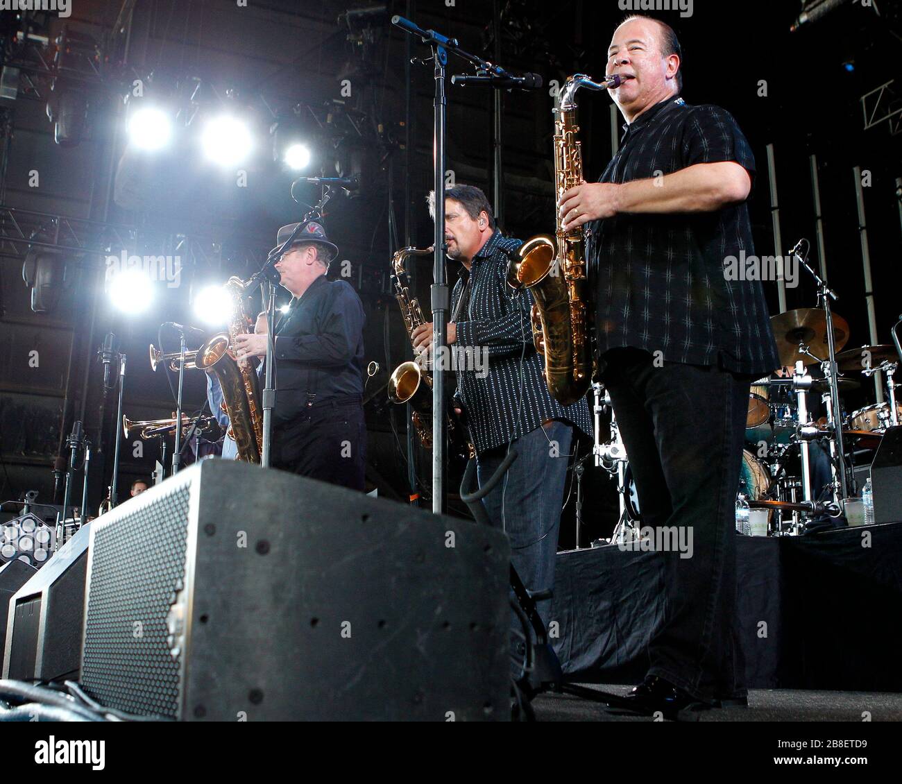 Tower of Power band leader Emilio Castillo performs at the Cruzan Amphitheater in West Palm Beach, Florida. Stock Photo