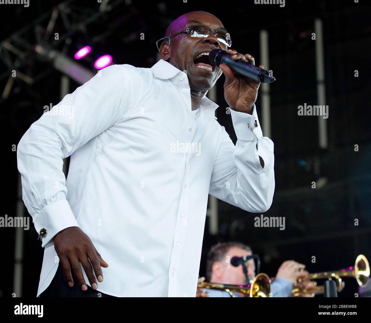 Tower of Power lead vocalist Larry Bragg performs with his band mates at the Cruzan Amphitheater in West Palm Beach, Florida. Stock Photo