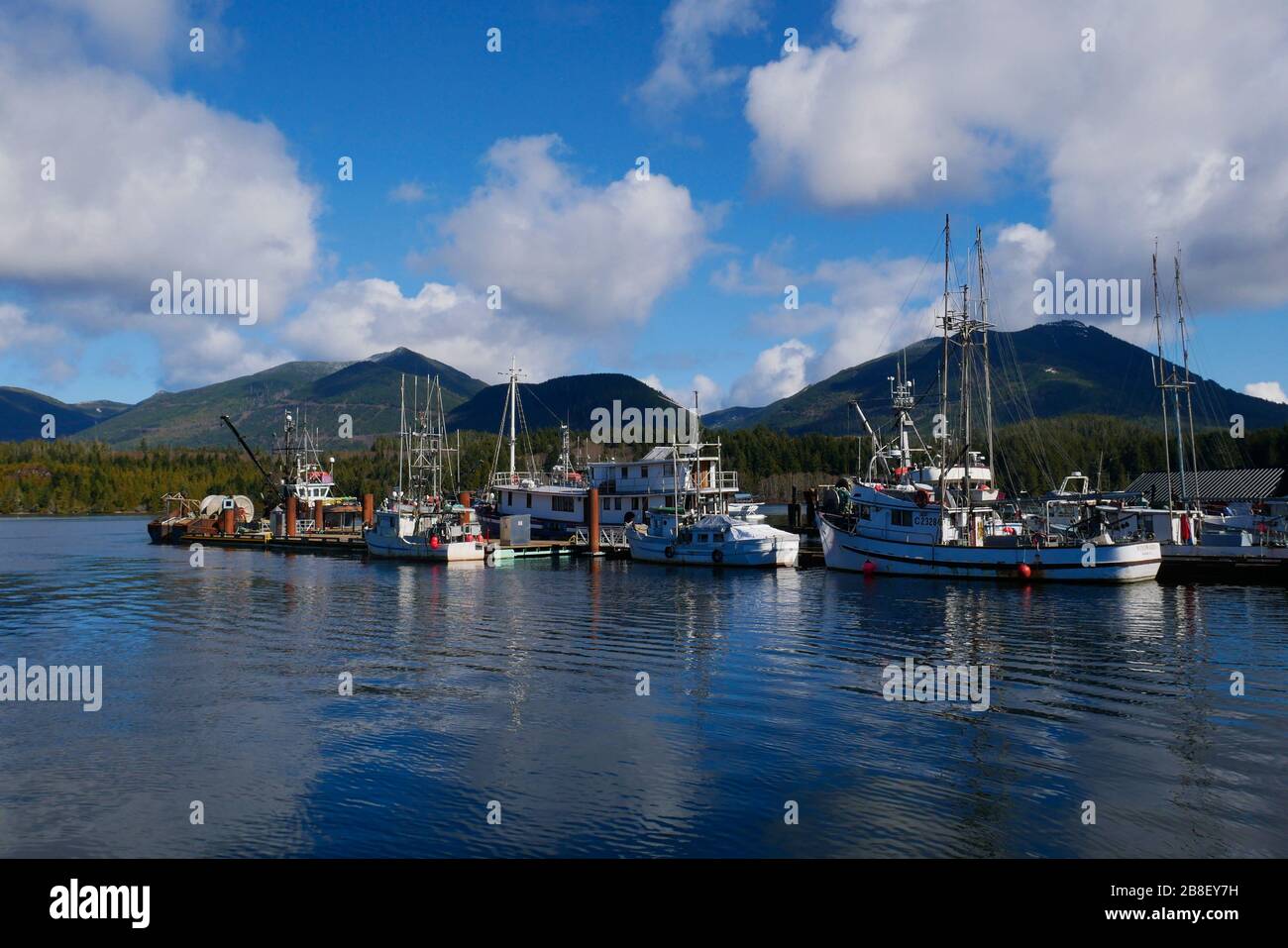 Boats moored in Ucluelet harbor with blue sky and mountain background Stock Photo
