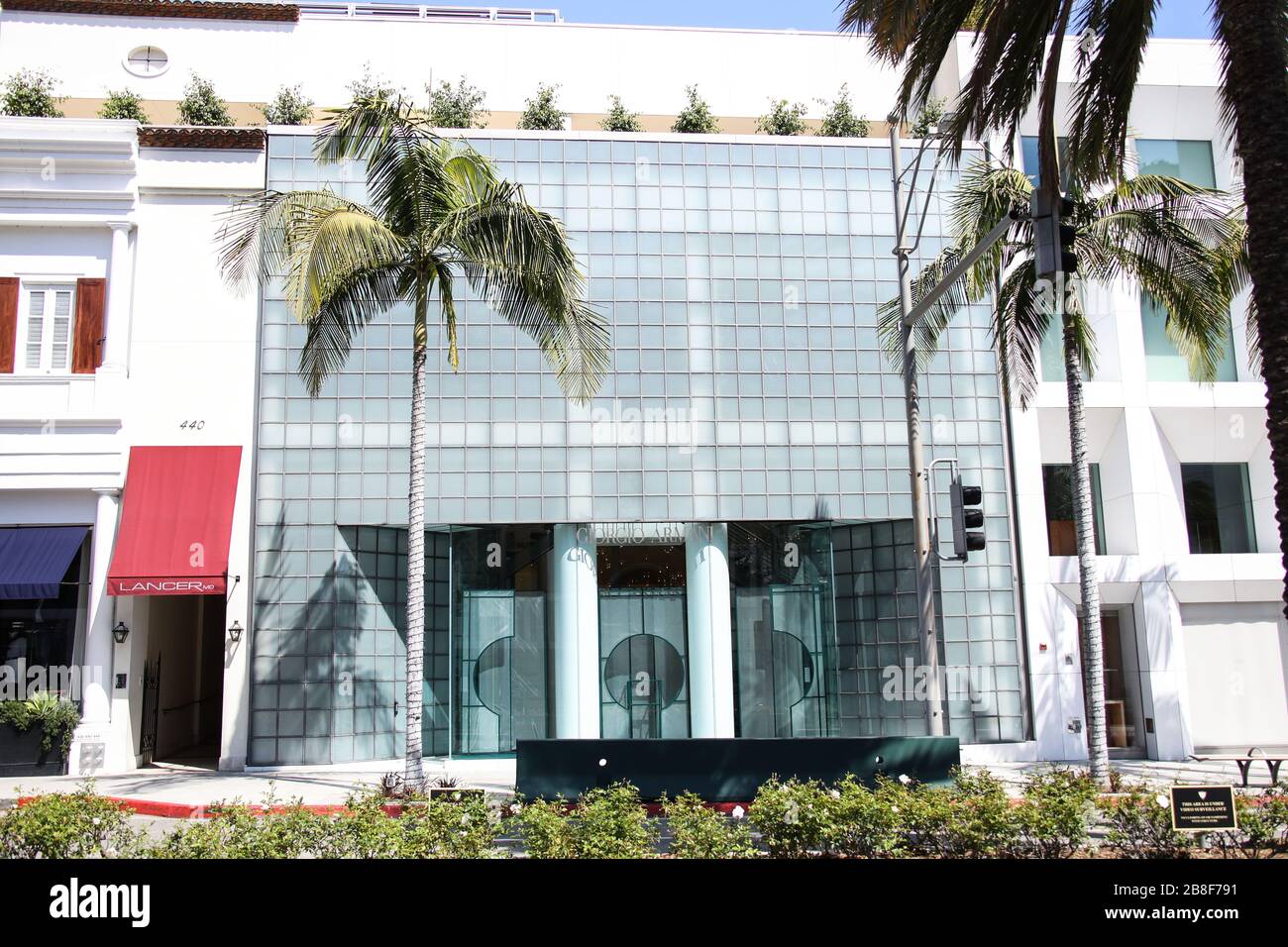 BEVERLY HILLS, LOS ANGELES, CALIFORNIA, USA - MARCH 21: Giorgio Armani  Beverly Hills Rodeo Drive store, temporarily closed due to the coronavirus,  two days after the 'Safer at Home' order issued by