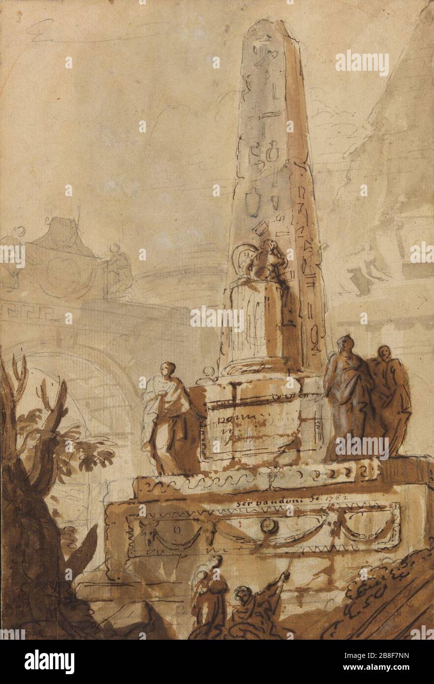 Giovanni Niccolò Servandoni - Obelisco egípcio em uma paisagem de ruínas com um arco e pirâmide. Stock Photo