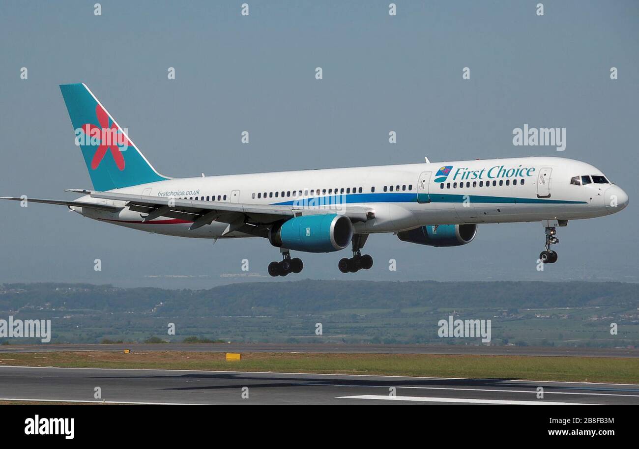 'English: First Choice Airways Boeing B757-200 (G-CPEP) lands at Bristol International Airport, England.; 1 May 2007; Own work; Adrian Pingstone (Arpingstone); ' Stock Photo