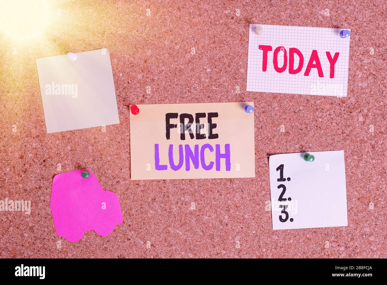 Conceptual Hand Writing Showing Free Lunch Concept Meaning Something You Get Free That You Usually Have To Work Or Pay For Corkboard Size Paper Thumb Stock Photo Alamy