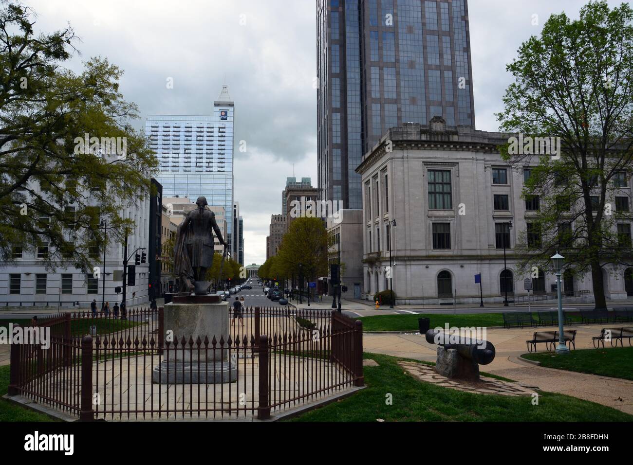Downtown Raleigh along Fayetteville St is normally crowded with people on Saturday afternoon but eerily quiet during the Coronavirus Covid 19 pandemic Stock Photo
