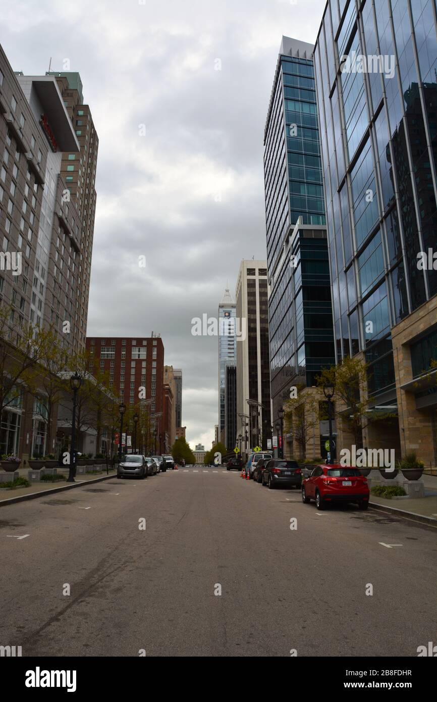 Downtown Raleigh along Fayetteville St is normally crowded with people on Saturday afternoon but eerily quiet during the Coronavirus Covid 19 pandemic Stock Photo