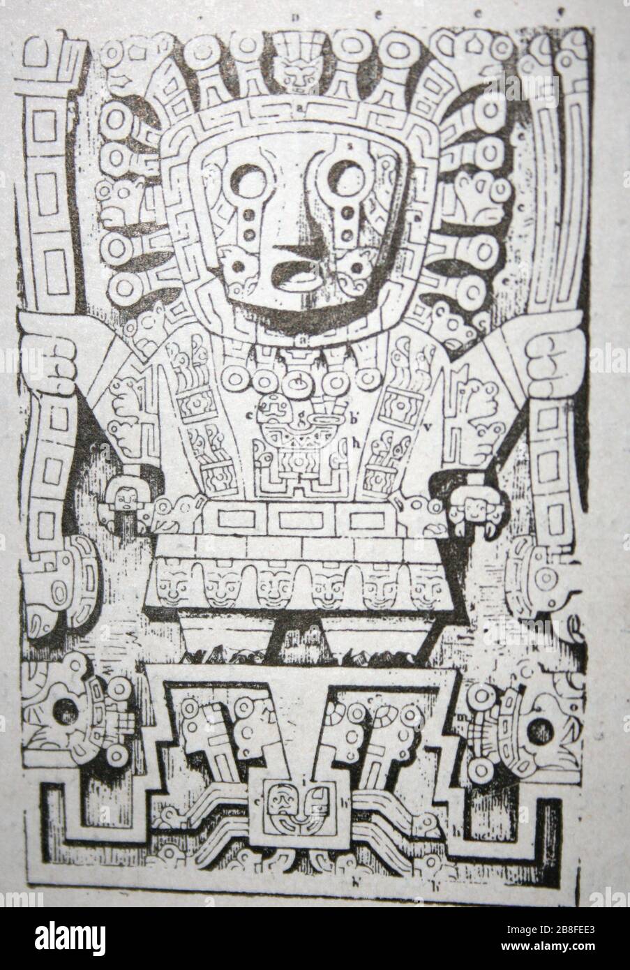 Français : Dieu-Soleil, bas-relief central de la porte monolithe de la  porte du soleil à Tiahuanaco (Tiwanaku, dessiné par Charles Wiener; 27  February 2012; Pérou et Bolivie -Récit de voyage suivi d'études