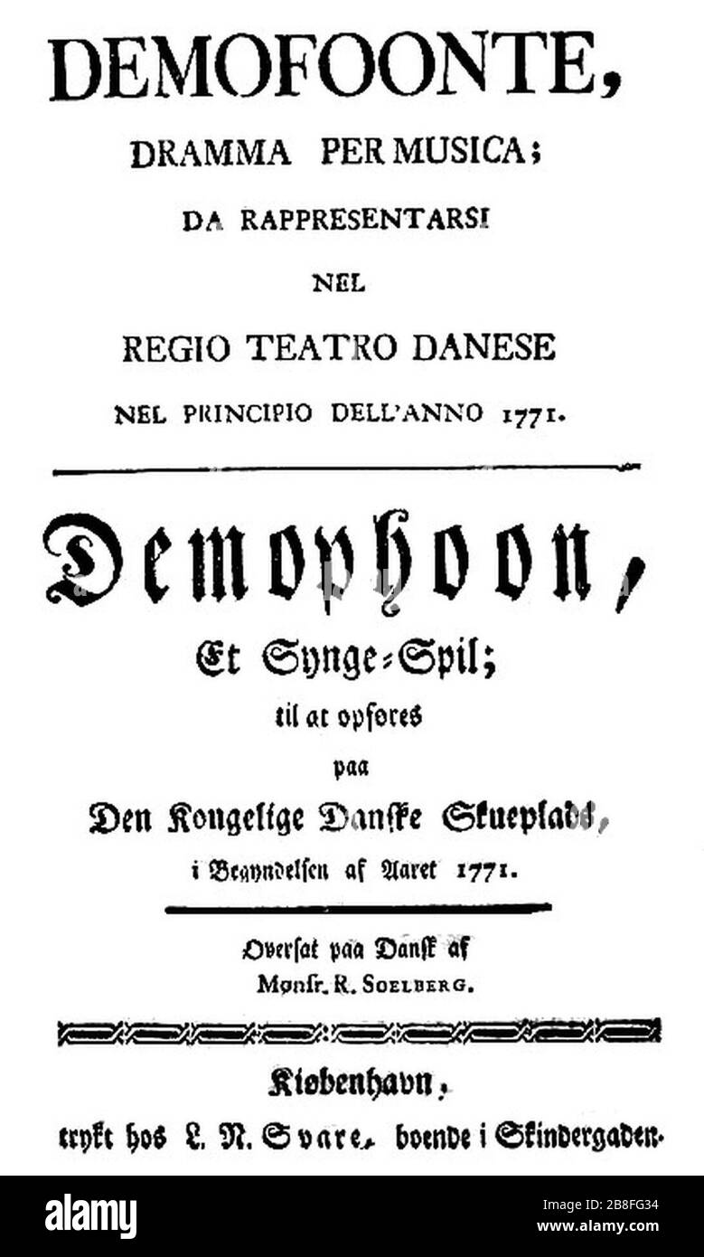 Giuseppe Sarti - Demofoonte - titlepage of the libretto - Kopenhagen 1771. Stock Photo