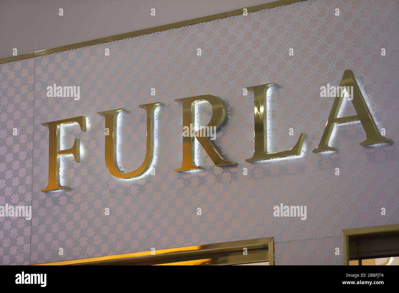 Logo of Furla is seen at Galeria Shopping and Entertainment Centre. Stock Photo