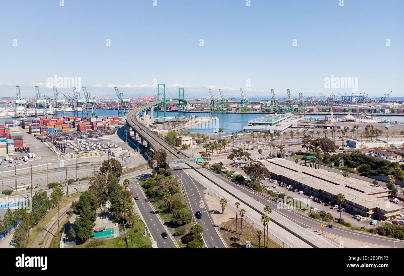 Light traffic on Vincent Thomas Bridge on March 21, 2020, after CA governor orders non-essential workers to stay home to prevent spread of coronavirus Stock Photo