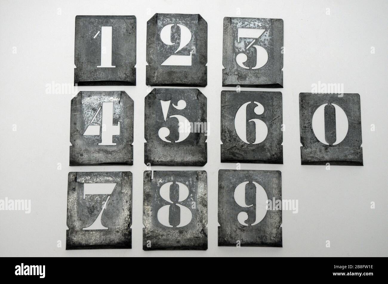 Vintage zinc stencils for labelling with numbers from 0 to 9 Stock Photo