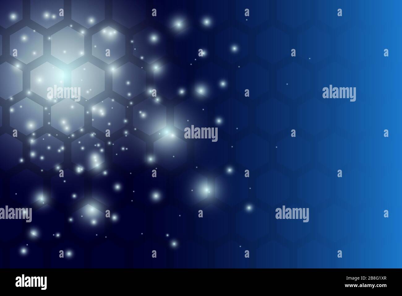 Abstract blue hexagon pattern with sparkle effect and copy space for text or messages on right side. Stock Vector