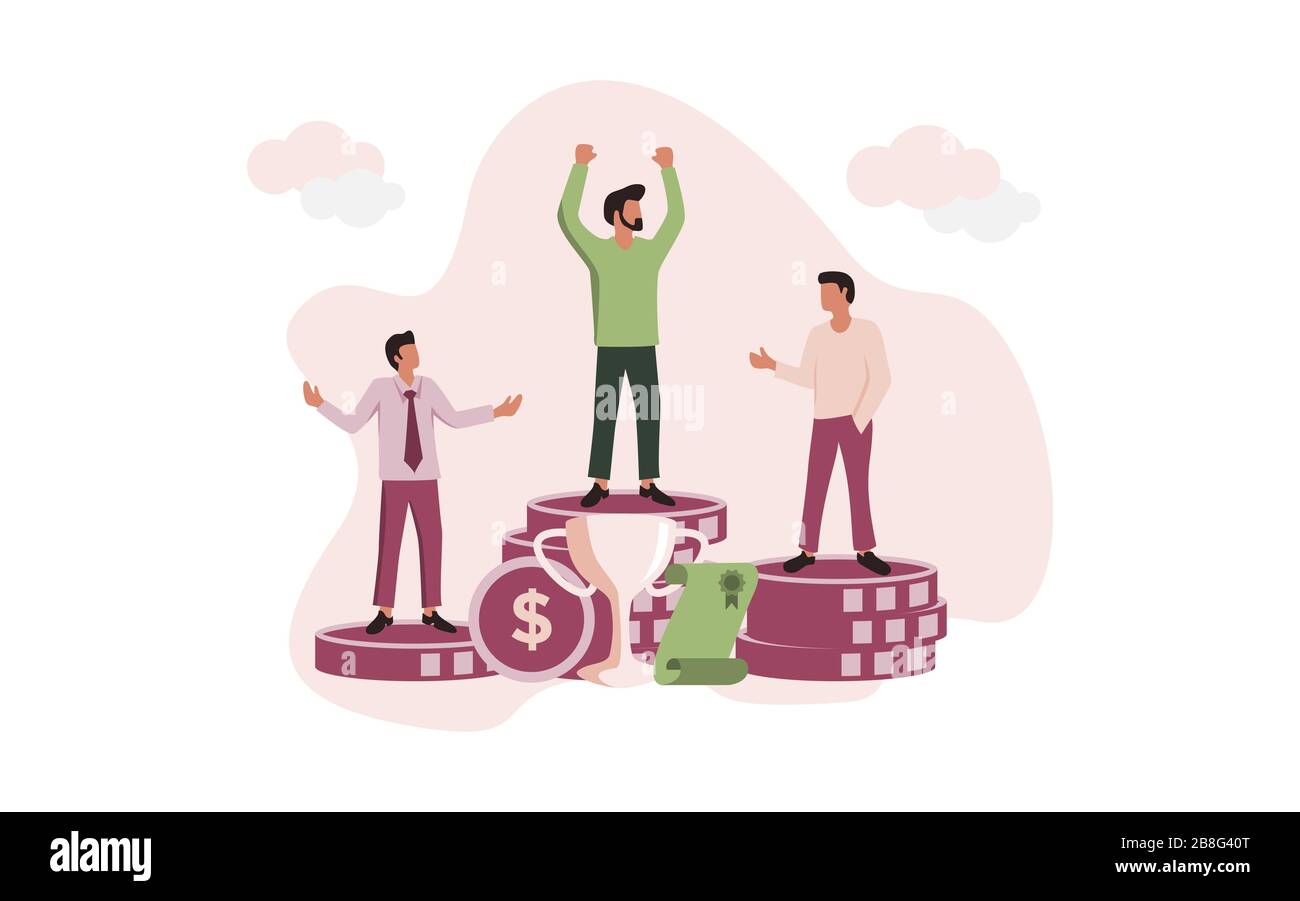 People Illustration get a success. Celebrating success on the top of money, trophy and certificate at the background Stock Photo