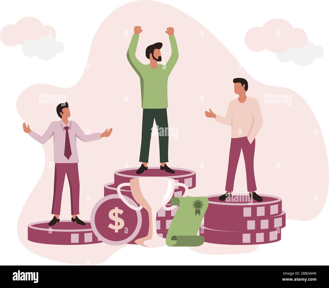 People Illustration get a success. Celebrating success on the top of money, trophy and certificate at the background Stock Vector