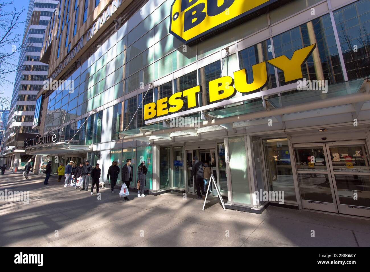 Toronto, Canada-20 March, 2020: Best Buy implements changes that include reducing store hours and permitting small number of customers into the store Stock Photo