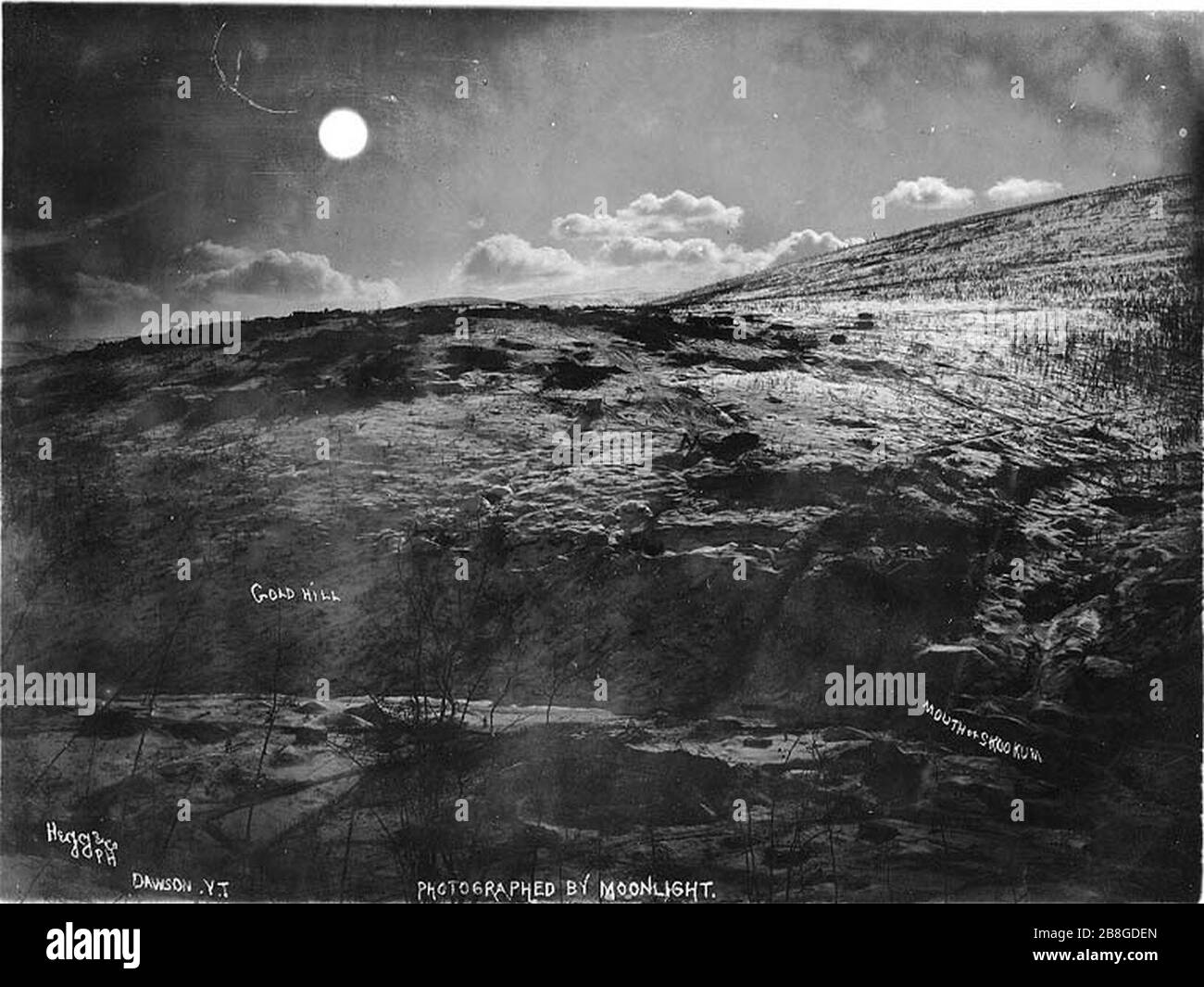 Gold Hill and mouth of Skookum Creek photographed by moonlight Yukon Territory ca 1898 Stock Photo