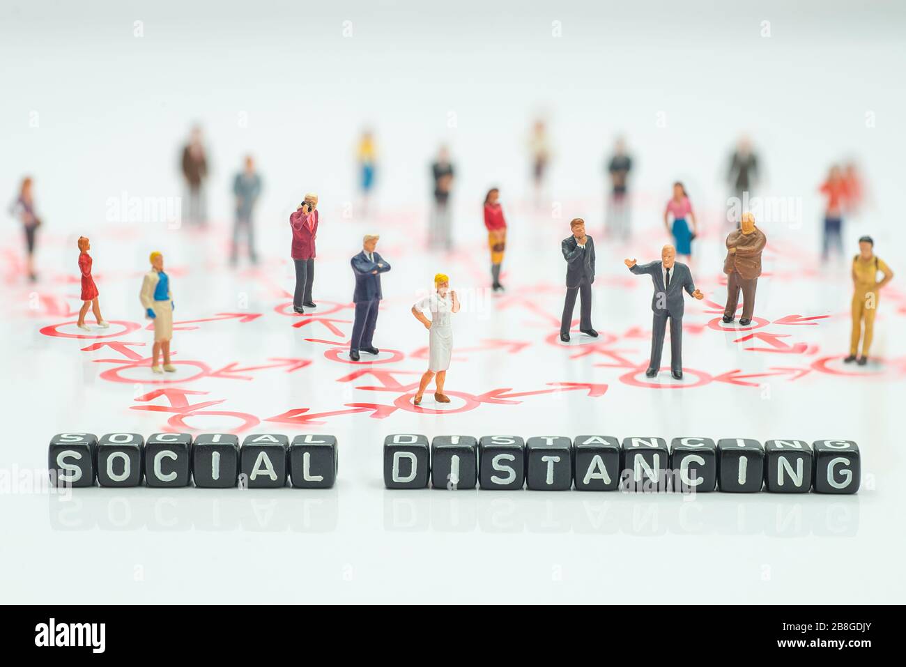 Side view of miniature toys standing  - social distancing sentence concept. Stock Photo