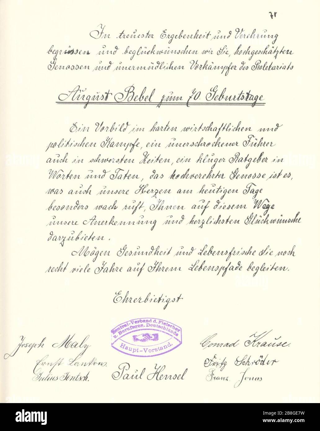 Goldenes Buch zum 70. Geburtstag August Bebel 1910 Seite 070. Stock Photo