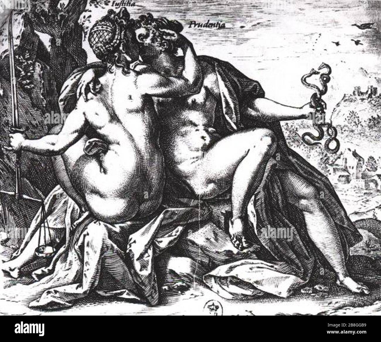 Goltzius Hendrik (1581-1617) - La Giustizia e la Prudenza si baciano. Stock Photo