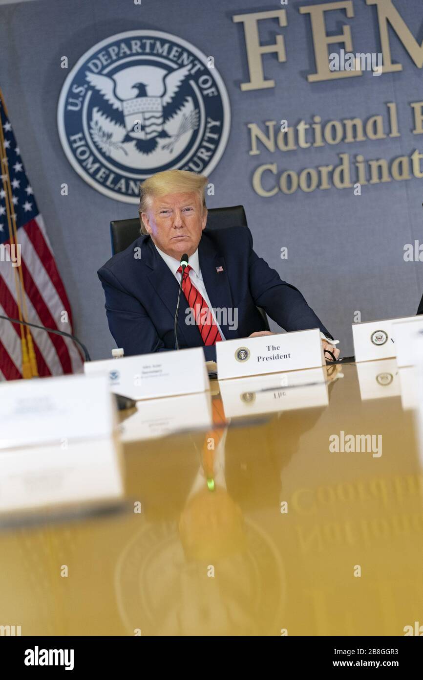 Washington, United States Of America. 19th Mar, 2020. President Donald J. Trump participates in a video teleconference with governors to discuss a partnership to prepare, mitigate, and respond to the coronavirus outbreak Thursday, March 19, 2020, at the Federal Emergency Management Agency headquarters in Washington, DC People: President Donald Trump Credit: Storms Media Group/Alamy Live News Stock Photo