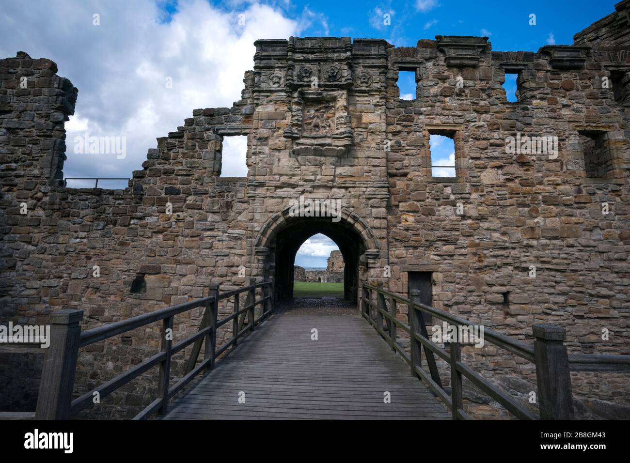 Drawbridge leading to St. Andrews Castle ruins dating from 13th century, a popular tourist draw in this famous university town, St. Andrews, Scotland, Stock Photo
